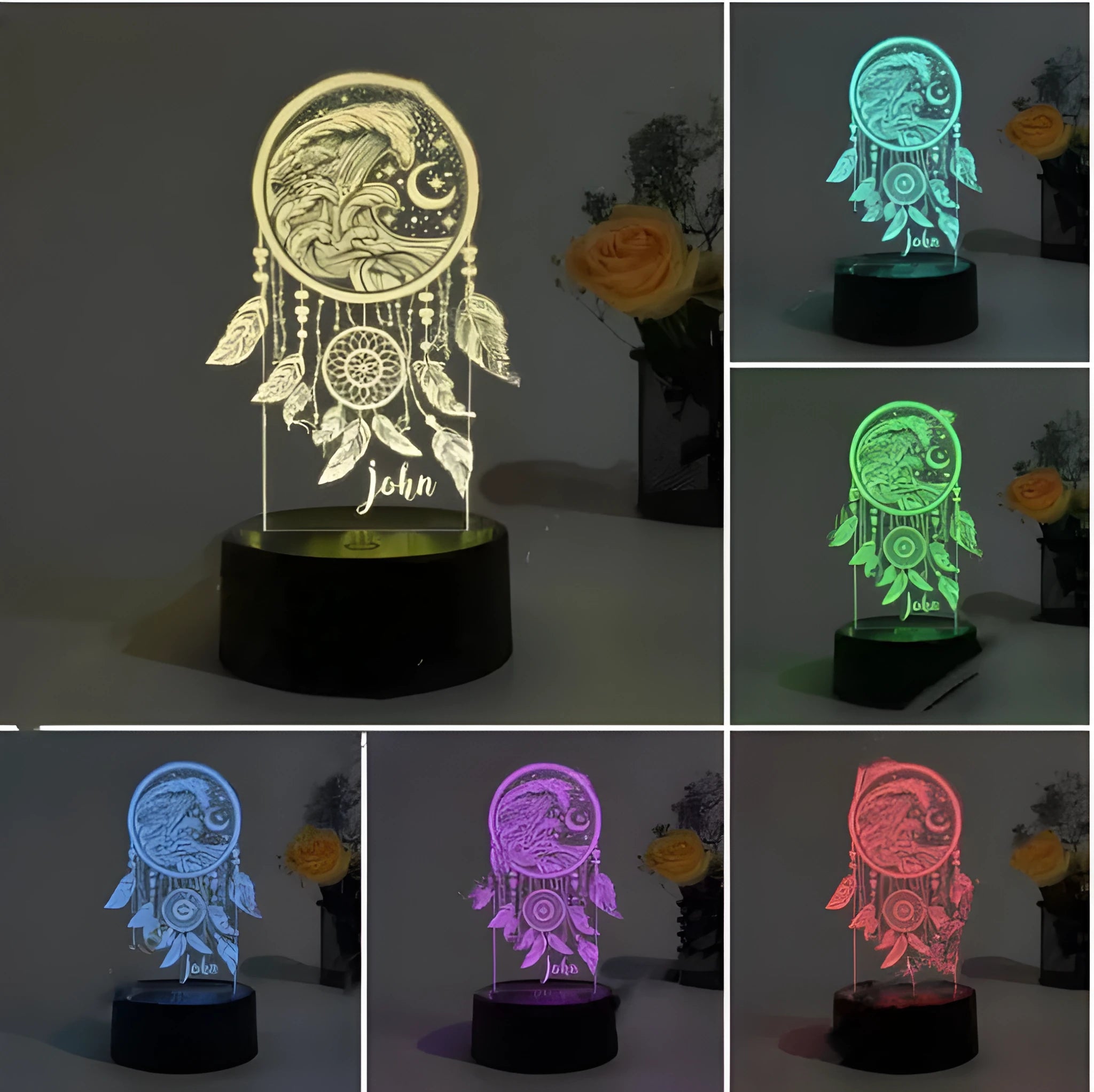 Black-based acrylic dream catcher night light with colourful LEDs on a table.