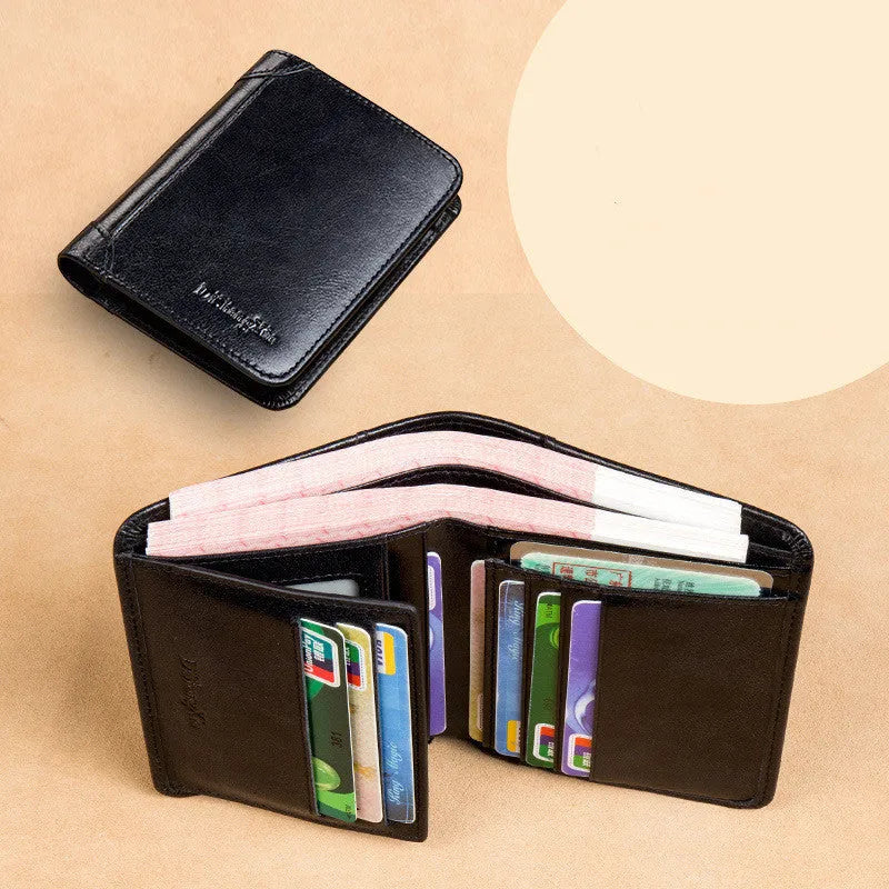 Men's brown leather bifold wallet open to show photo slot, card slots, billfold, and coin pocket.