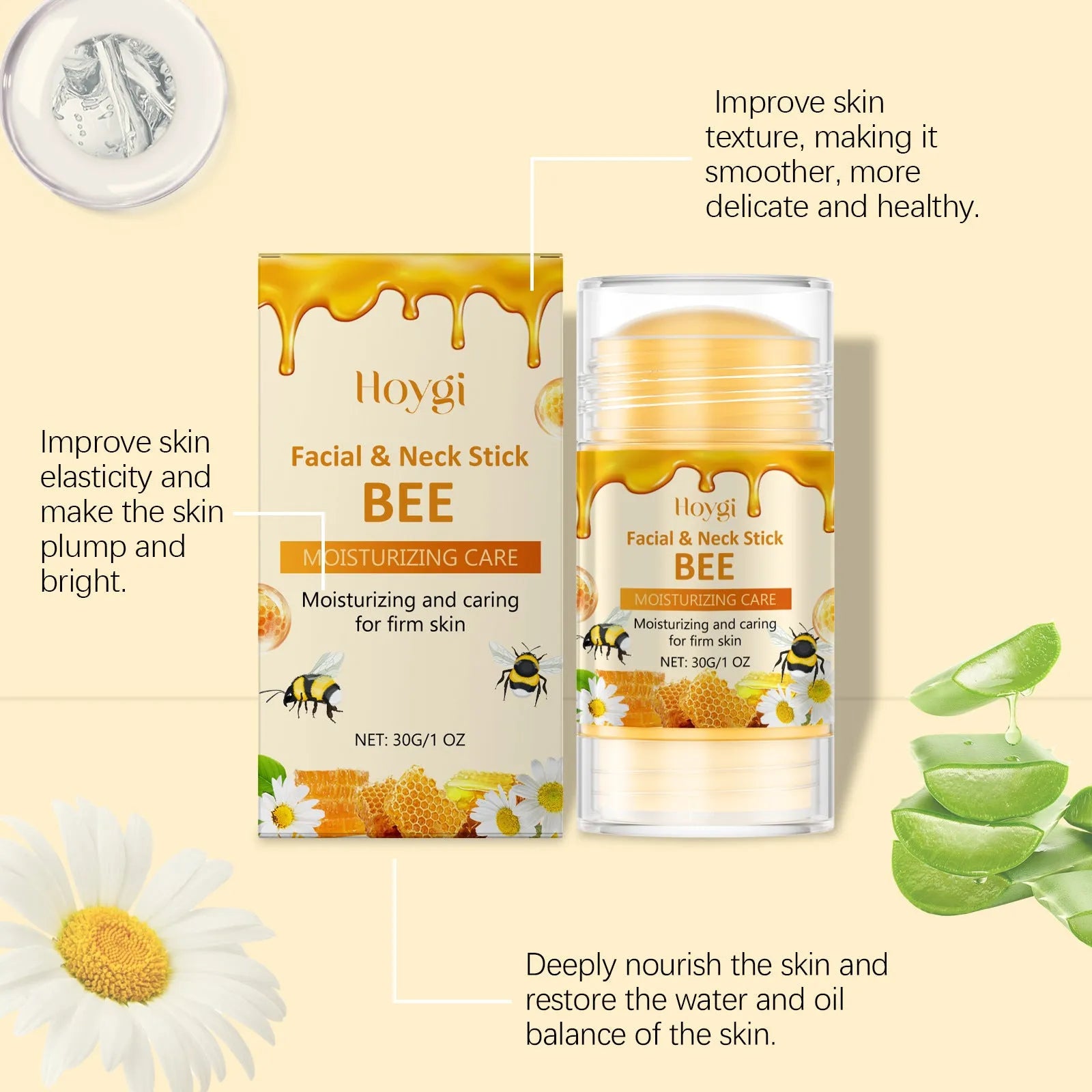 30g twist-up moisturising essence stick for facial skincare with bee venom and botanical extracts.