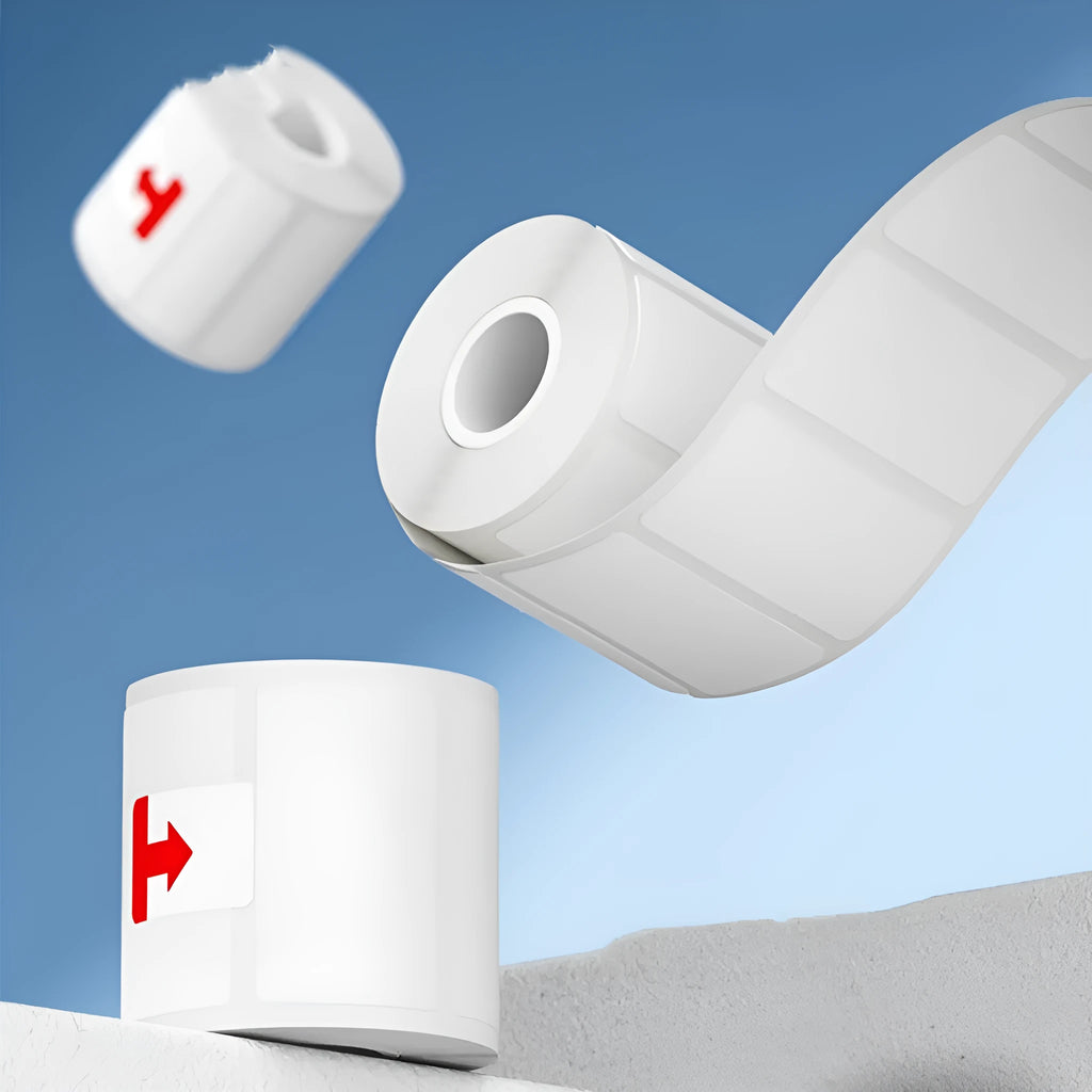 Roll of 40x40mm white thermosensitive paper labels with bright film coating for thermal printing