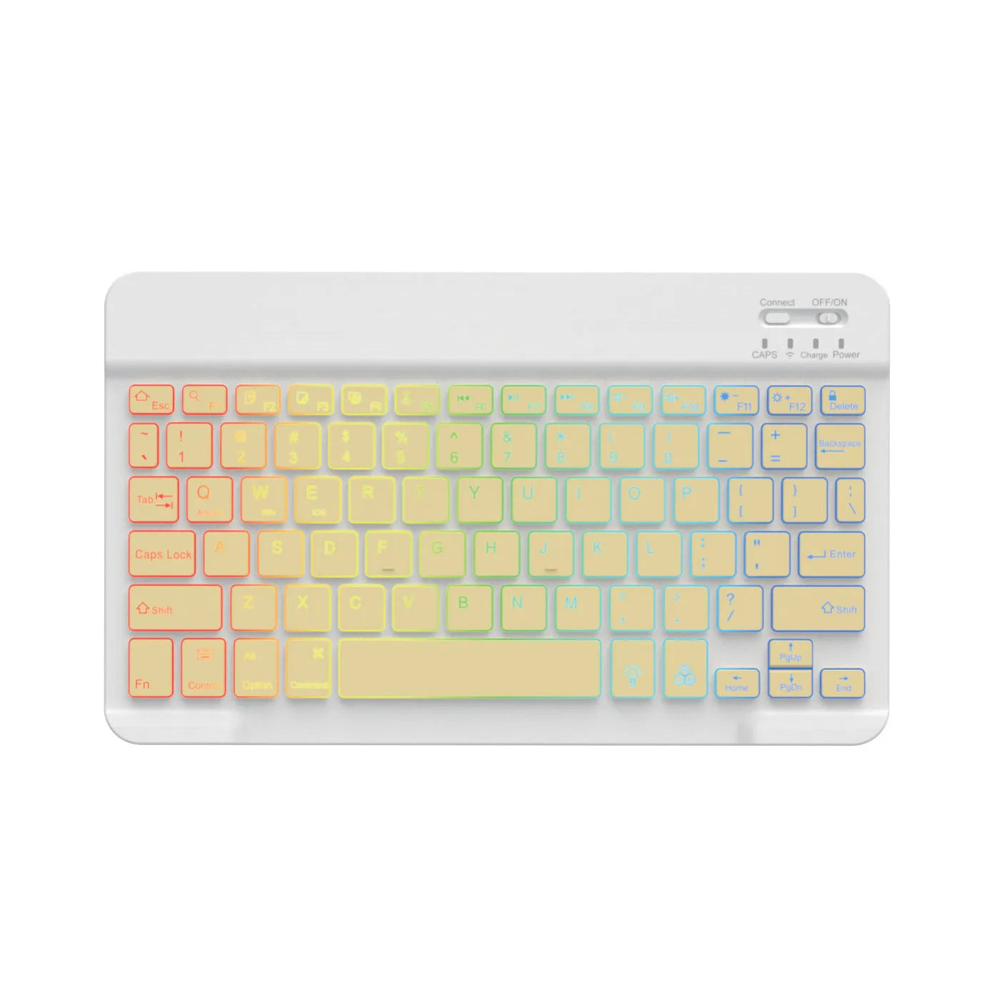 10-inch black Bluetooth keyboard with colourful LED backlighting for tablets on a desk.
