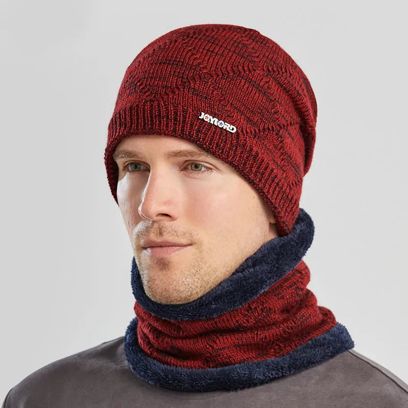 Men's two-piece wool hat and scarf set in black, with 27cm cap depth and 22cm x 20cm neck piece.