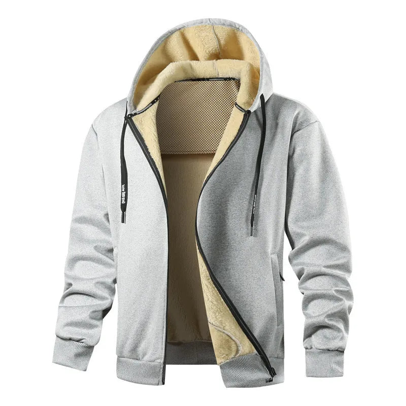 Men's fleece-lined hooded sweatshirt in loose cardigan style with side pockets, black colour