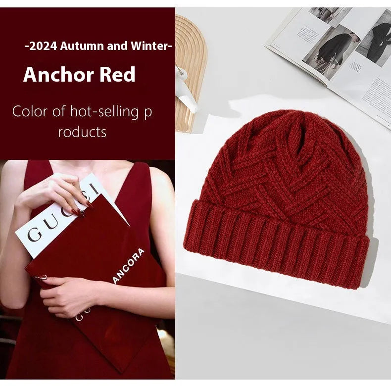 Wool knitted women's hat with dome crown in one of six colours: ivory white, khaki, red, brown, grey, or black.