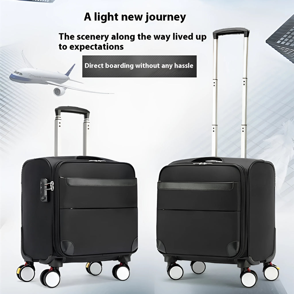 Black 18-inch Oxford cloth carry-on suitcase with retractable handle and universal wheels.