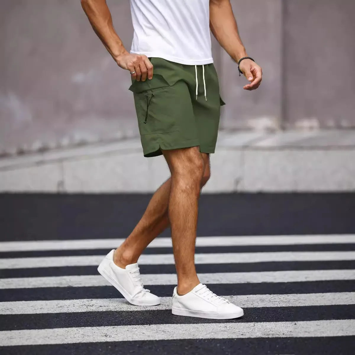 Men's straight-leg workwear shorts in cool silk cotton polyester fabric available in army green and fluorescent green colours