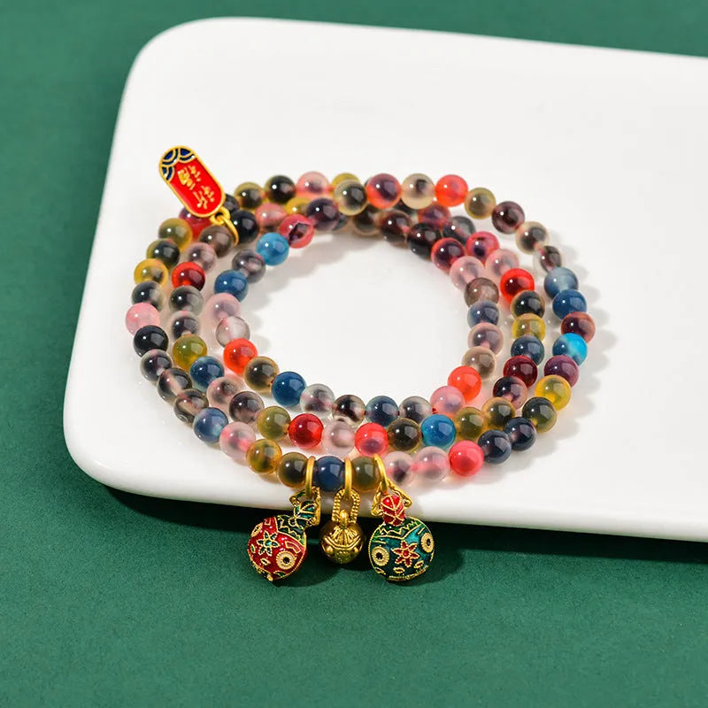 Dzogchen agate bracelet with sugar heart pattern, fragrant grey glaze and gold beast motif