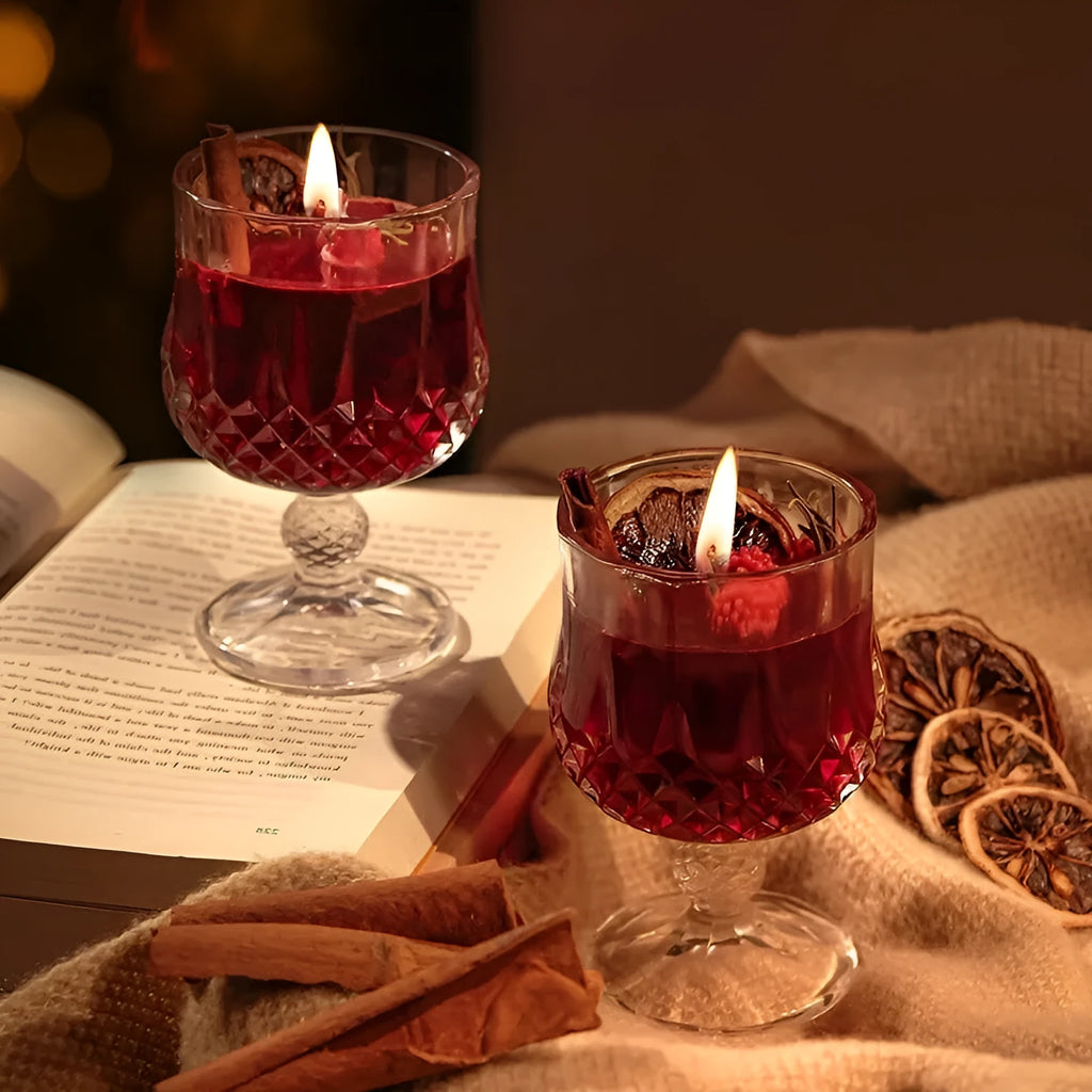 Glass wine goblet scented candle with crystal jelly wax and French mulled wine fragrance