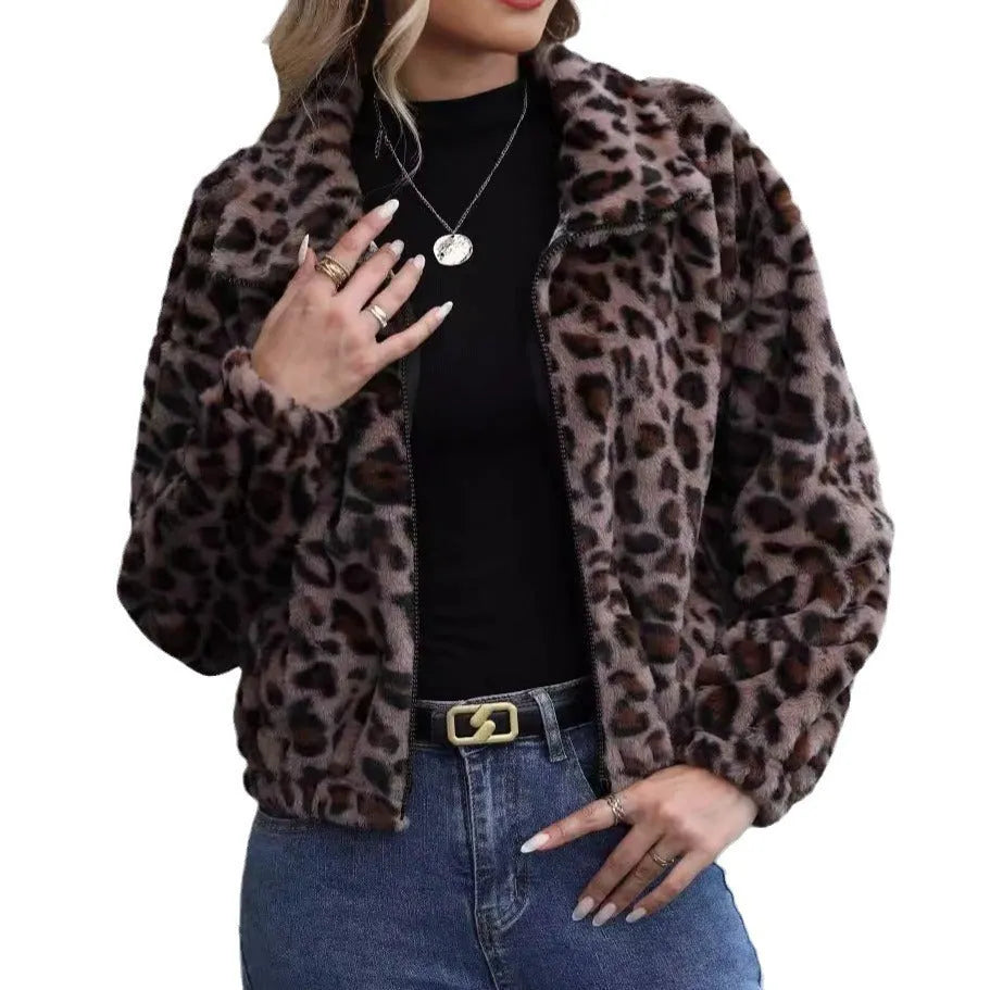 Women's loose leopard print plush coat with a zip front and raglan sleeves.
