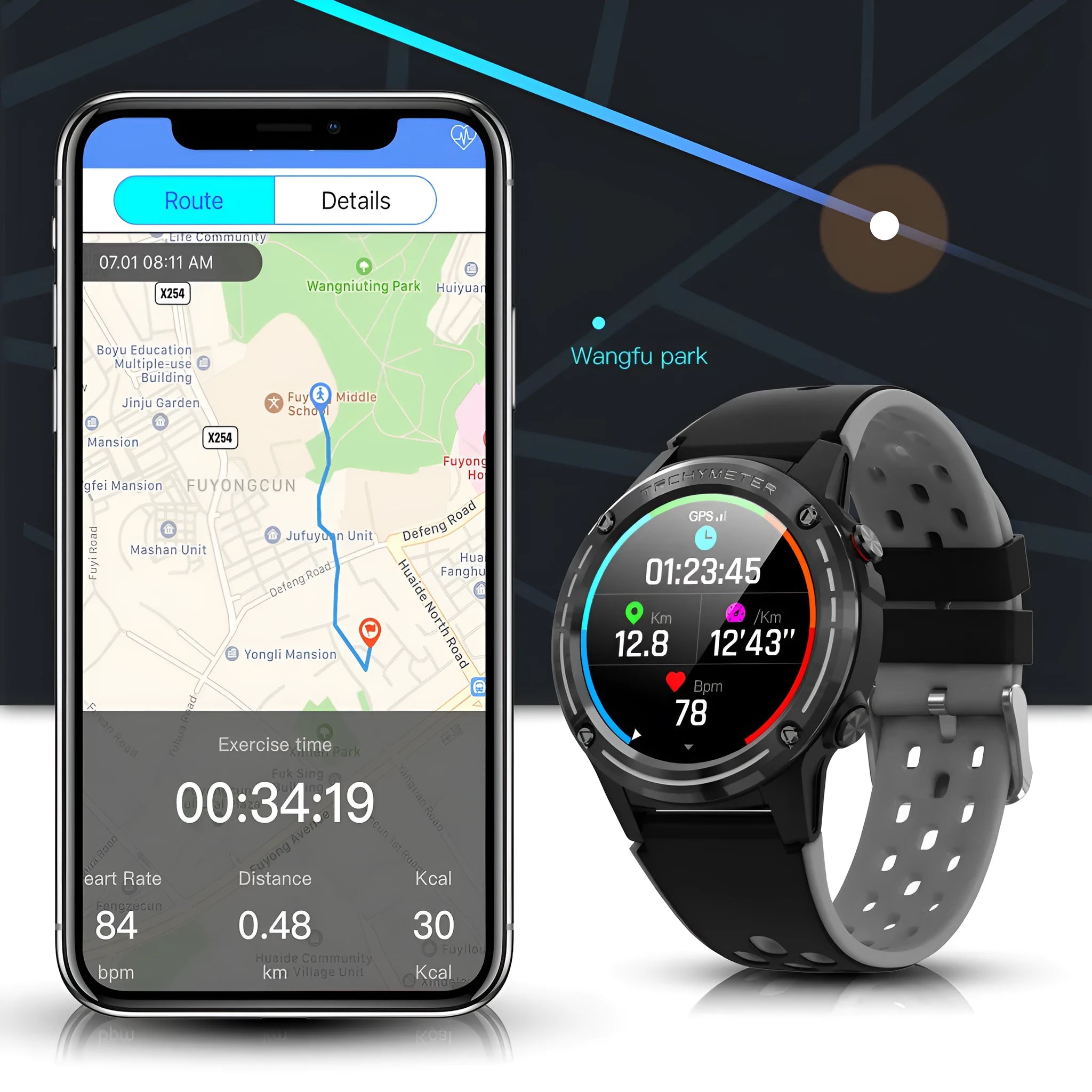 GPS smart watch with silicone sports bracelet in multiple colour options showing tempered glass screen