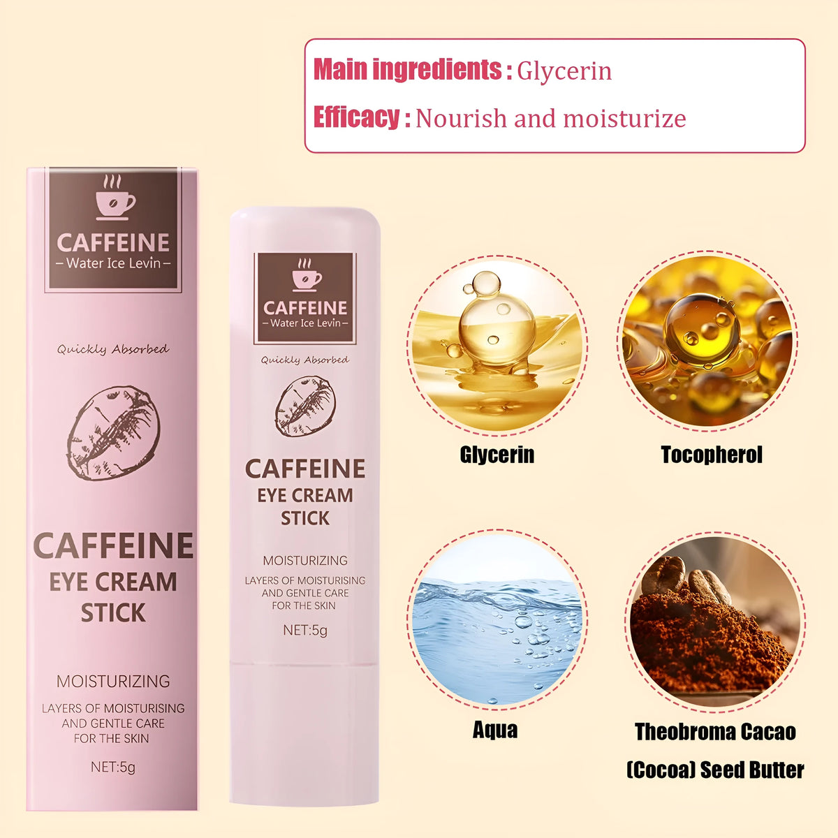 Caffeine eye cream 5g tube for reducing fine lines and dry lines, universal skin type