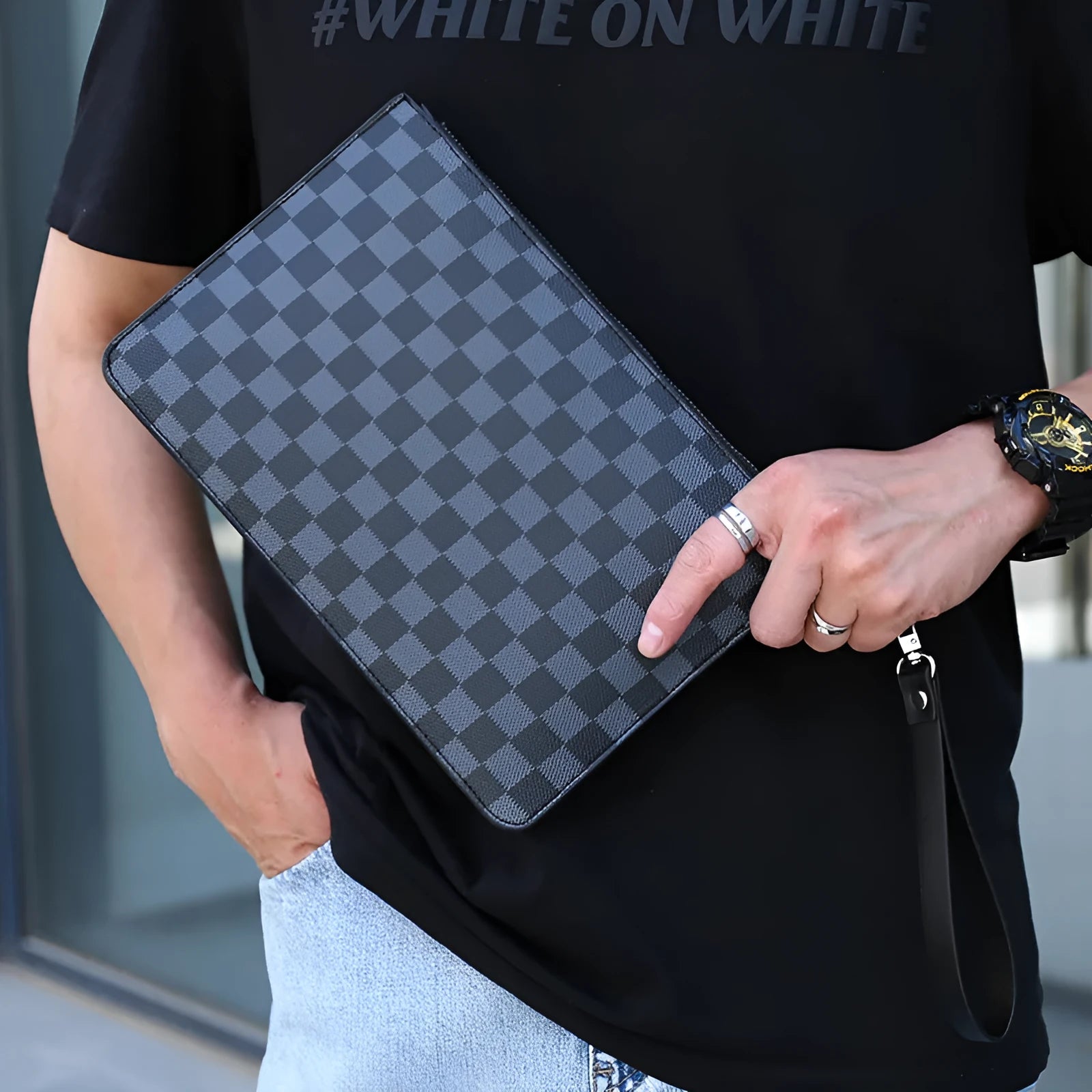Men's black and brown plaid checkered PU leather clutch wallet open showing card slots and zipper pocket