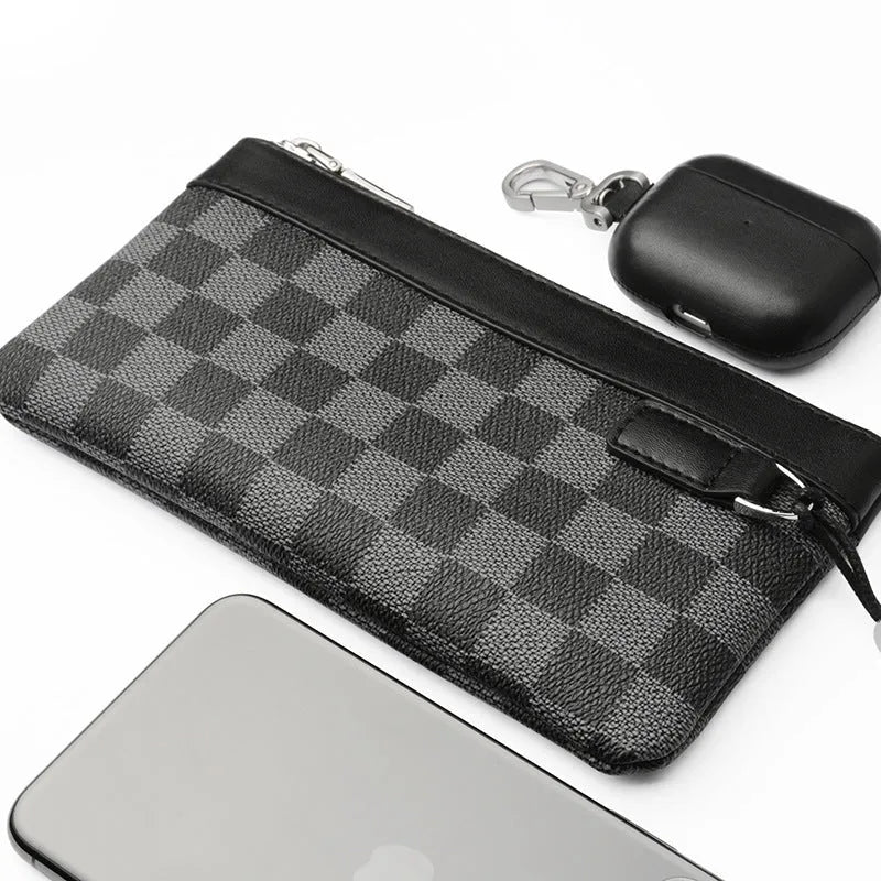 Black men's leather plaid clutch wallet showing first layer cowhide construction with 20x10cm dimensions