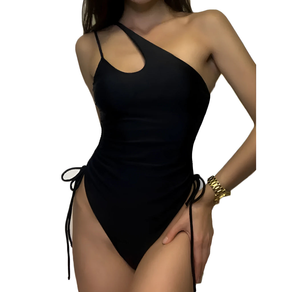 Black women's dress with sloping shoulder design and tight-fitting sleeveless cut