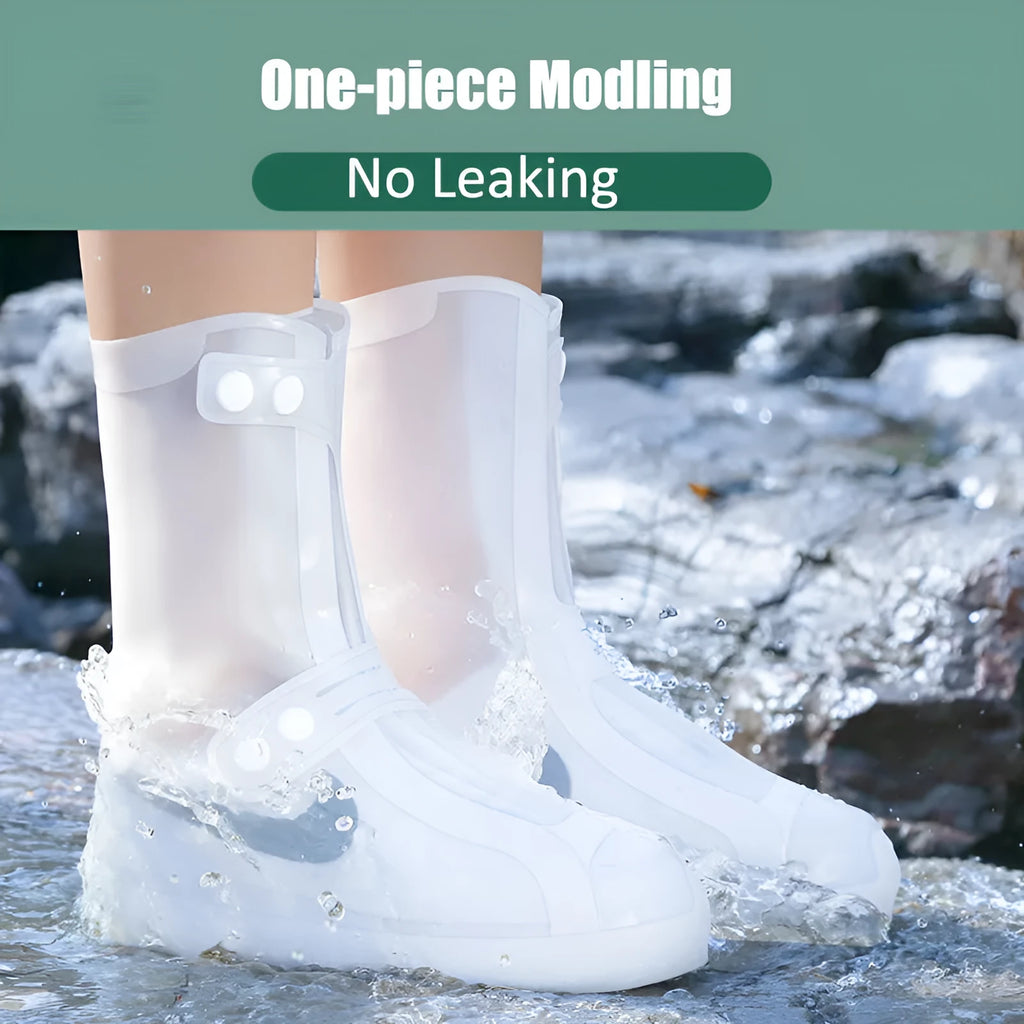 White reusable PVC high-top waterproof shoe cover for women with anti-skid sole.