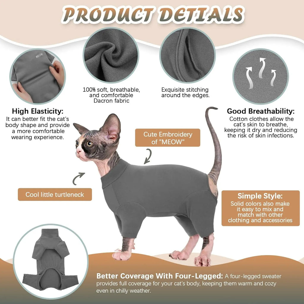 Grey faux fur turtleneck sweater on a hairless Sphynx cat, showing sleeves and leg openings.