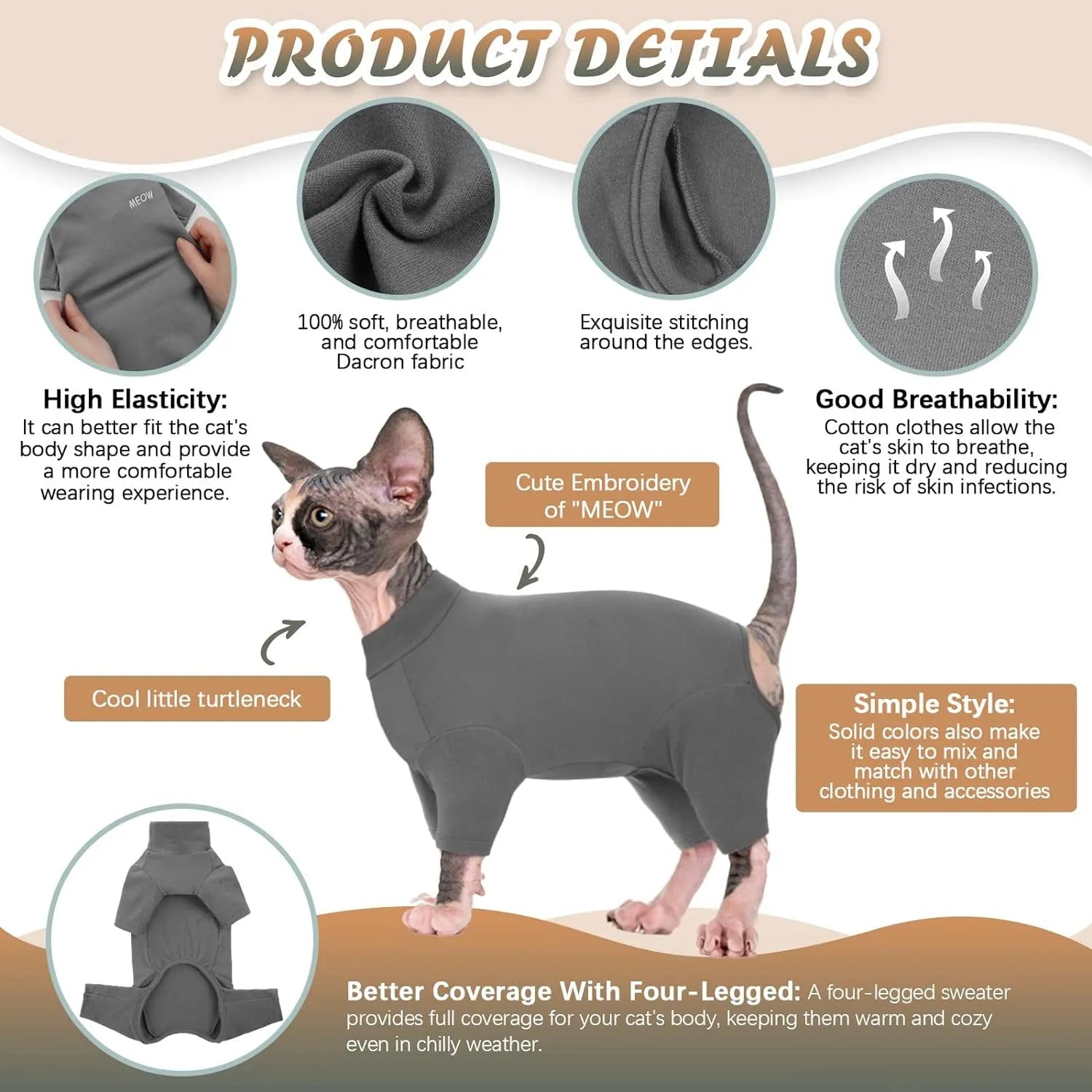 Grey faux fur turtleneck sweater on a hairless Sphynx cat, showing sleeves and leg openings.