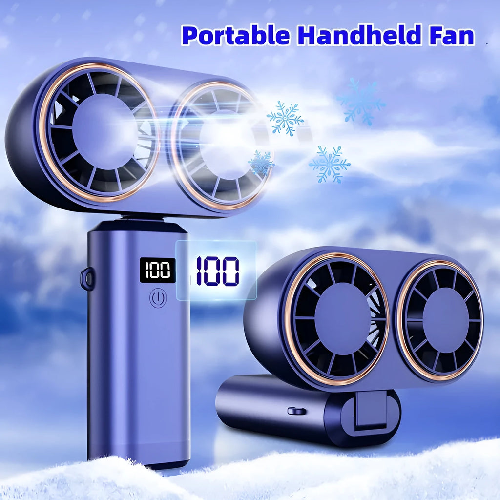 Dark blue foldable USB rechargeable handheld mini fan showing digital display screen and five blades.