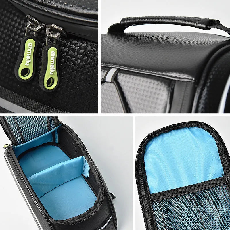 Waterproof black bicycle rear rack bag with 8L capacity mounted on bike