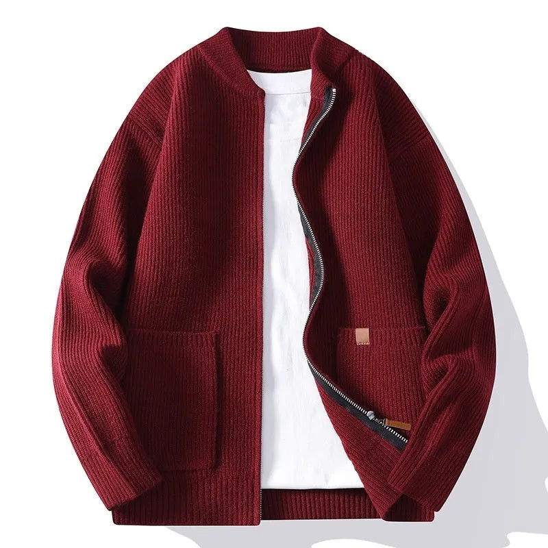 Men's striped cardigan jacket in chemical fibre blended fabric with straight cut design