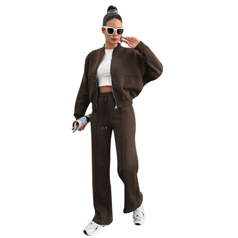 Women's fleece zipper cardigan and straight pants suit in black, casual long sleeve two-piece set