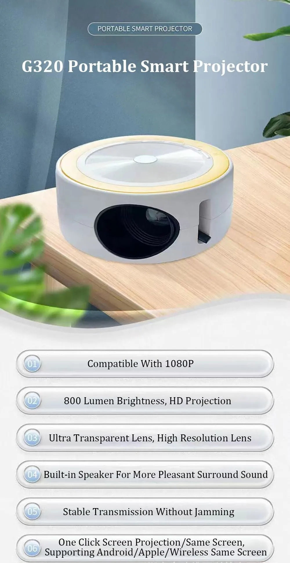 YT200 portable wired LED projector in black showing compact 110mm design with remote control