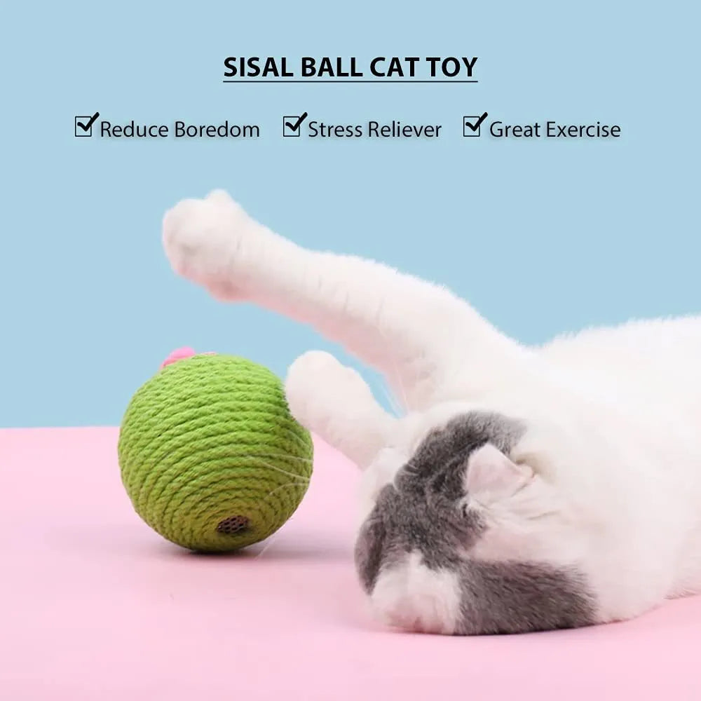 Green cactus-shaped cat scratcher with sisal post, catnip toys, and a tumbler ball on a stable base