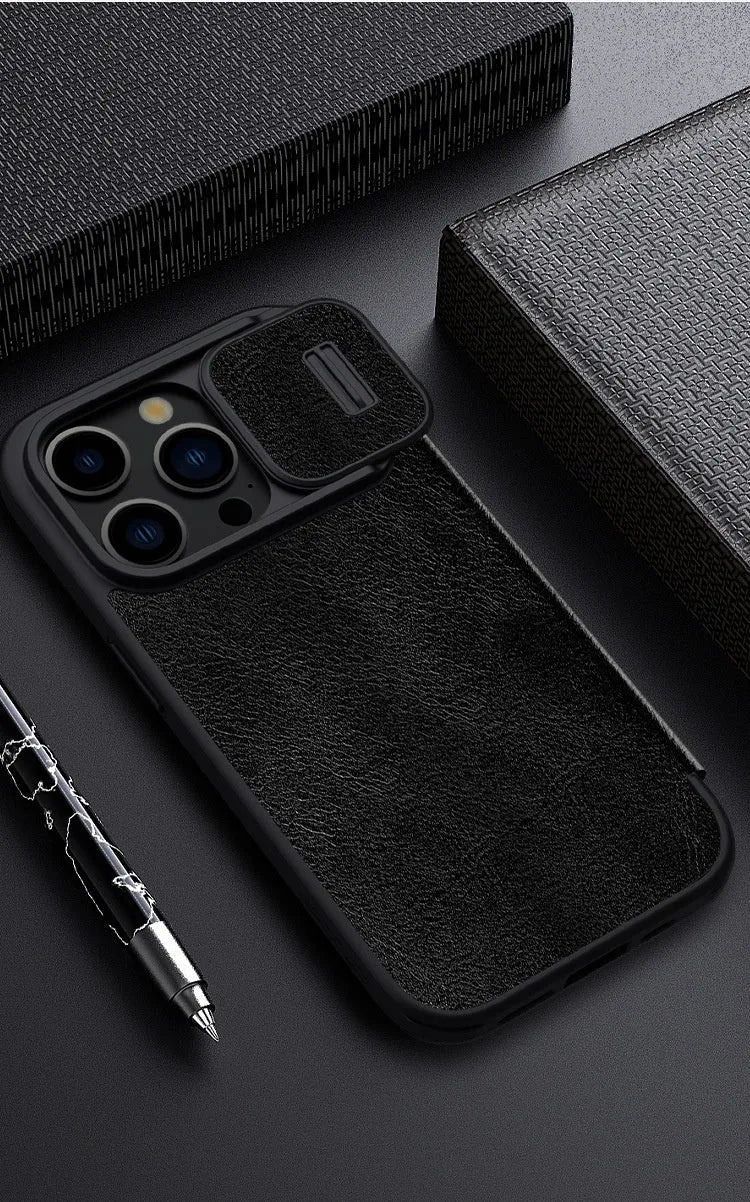 Imitation leather flip phone case for iPhone, shown in black, brown, and red colour options.