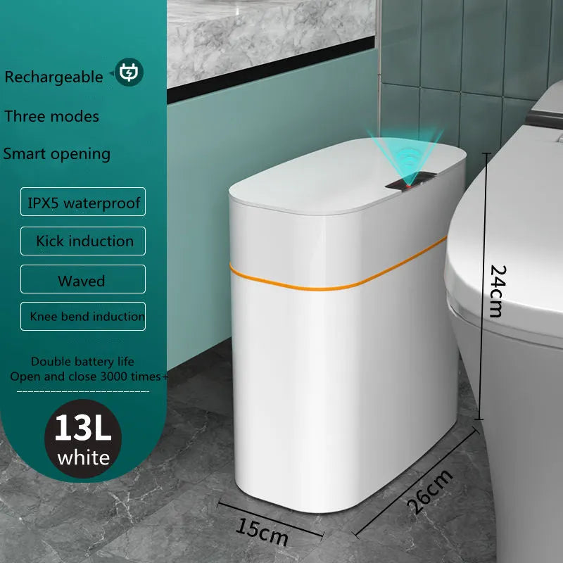 White automatic induction smart trash can with lid open, showing internal bin liner.