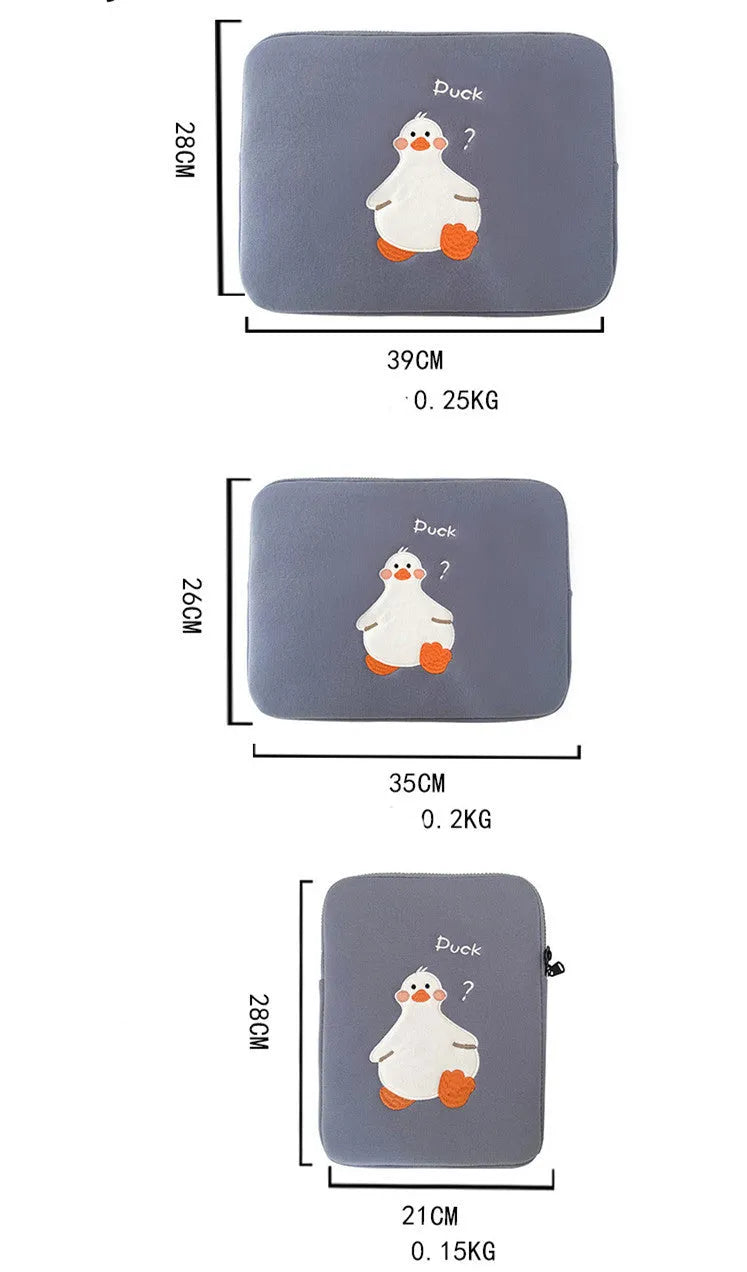 Blue cotton tablet case with cartoon duck embroidery and a zipper, shown next to a green version.