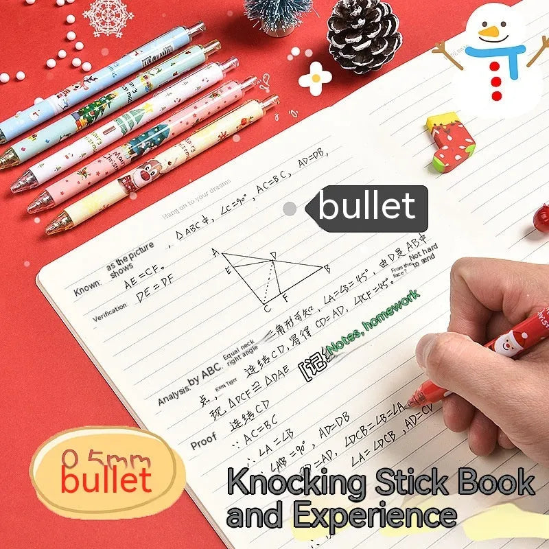 6 cartoon design press gel pens with black refills in Christmas gift packaging