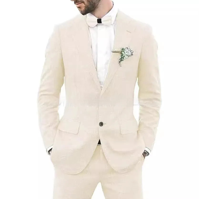 Men's slim fit wedding suit with hemp blend linen fabric in light business styling
