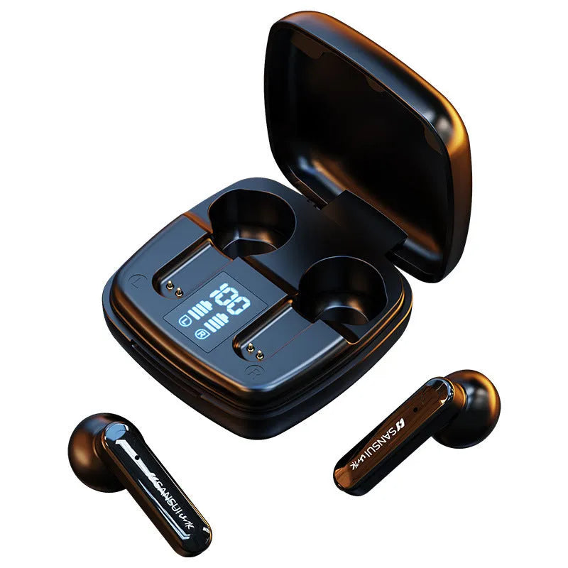 Dark night black wireless Bluetooth semi-in-ear earbuds with a digital battery display.