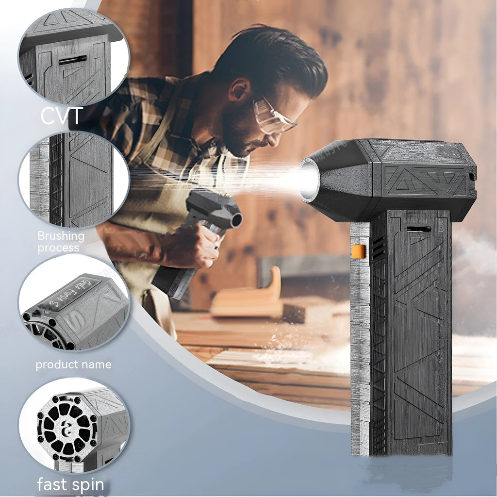 Iron grey cordless turbo fan air duster with brushless motor, shown in handheld use.