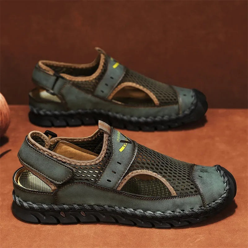 Men's black leather low-top pumps with mesh panels and an elastic band closure.