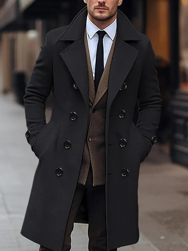 Men's long double breasted woolen coat in dark gray, black or khaki, sizes S to XXXL