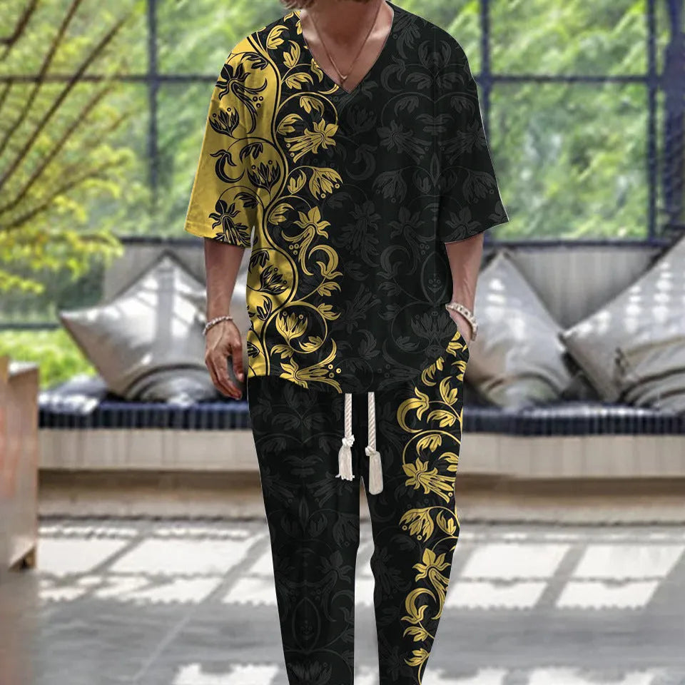 Lightweight polyester trousers suit with V-neck cropped sleeve jacket and matching trousers in multiple colours.