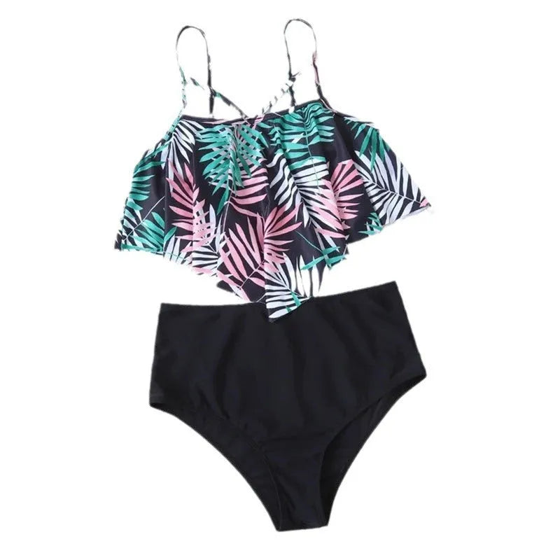 Women's high waist floral bikini swimsuit with flounced briefs in polyester spandex fabric