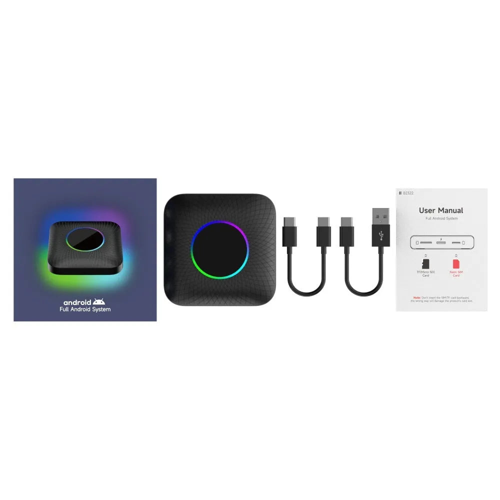 Tbox-Led Wireless Carplay Android 13 box with dimensions and headphone accessory