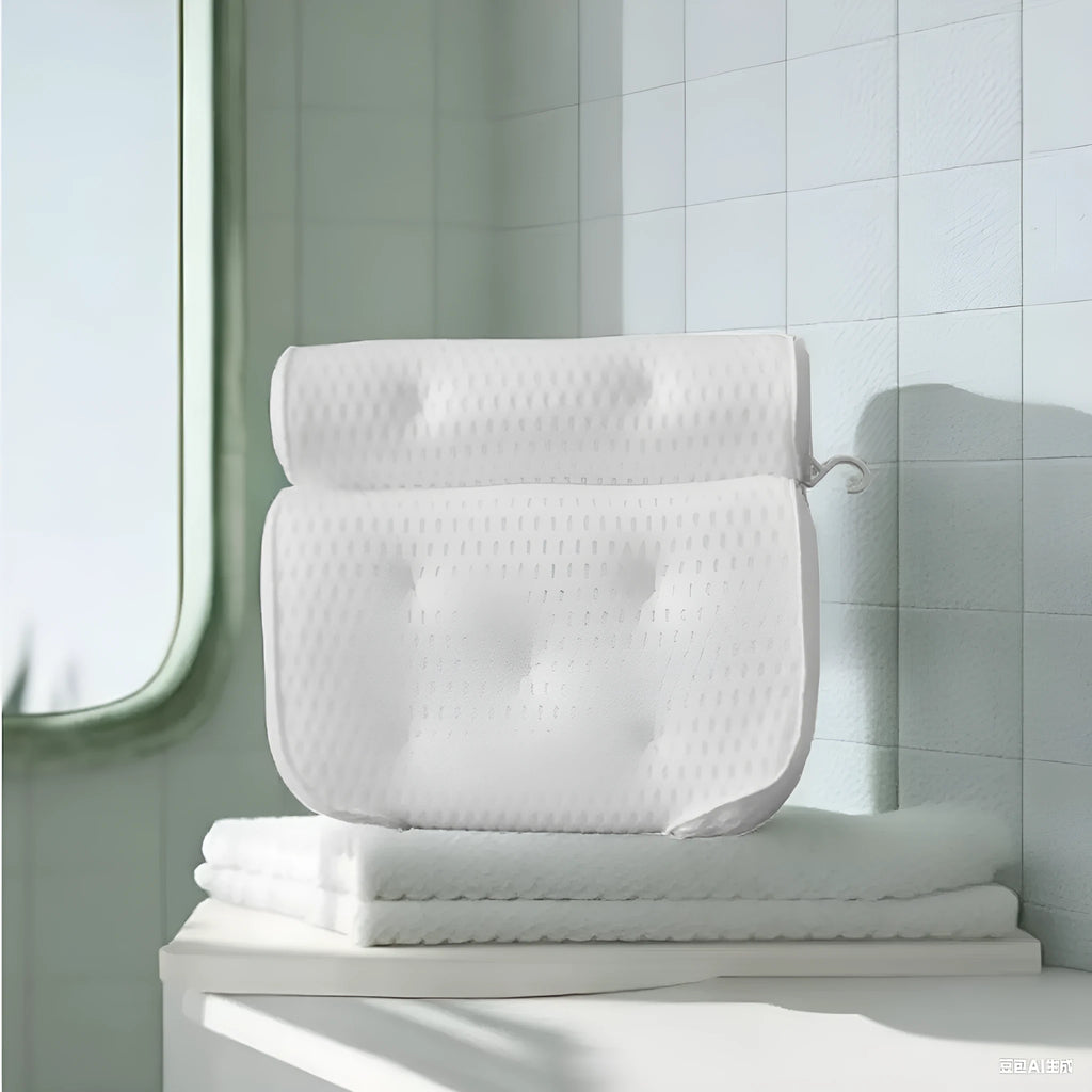 White luxury bathtub pillow with suction cups on a 4D mesh fabric surface.