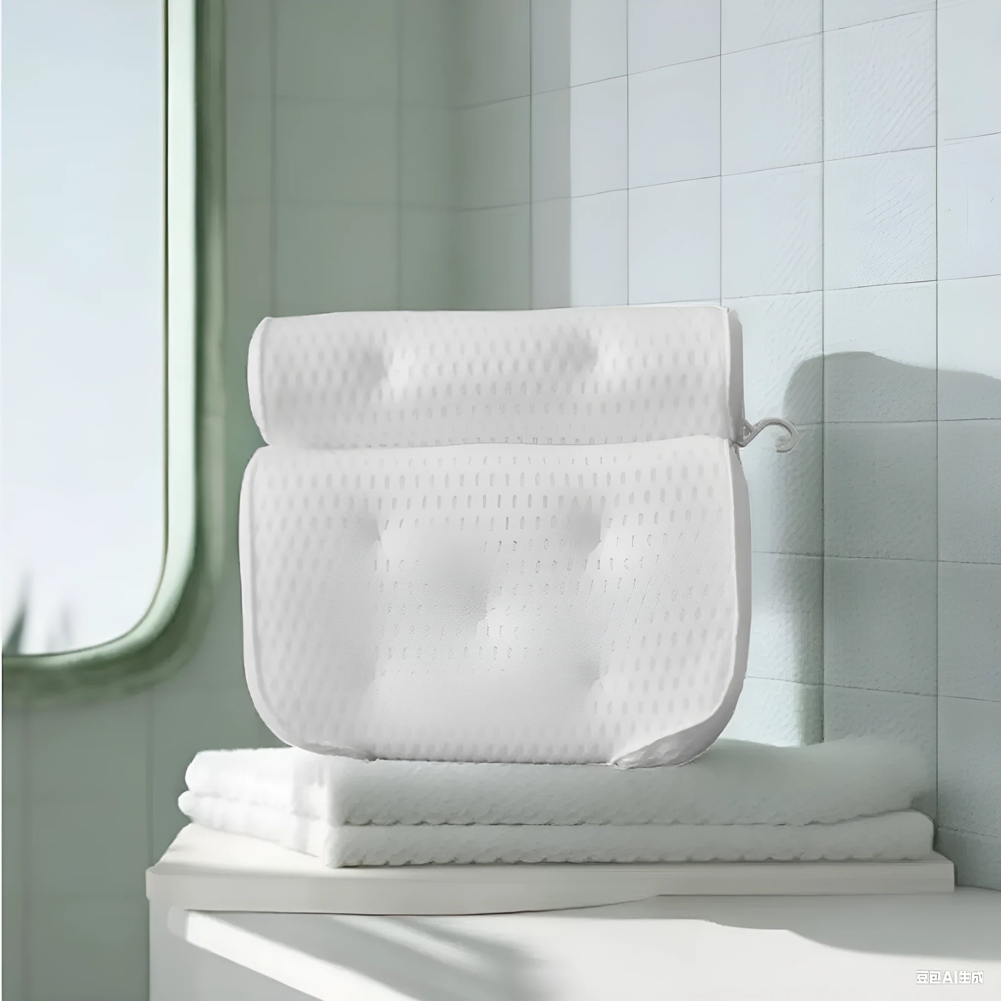 White luxury bathtub pillow with suction cups on a 4D mesh fabric surface.