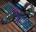 Black steampunk three-piece gaming set with keyboard, mouse and headset