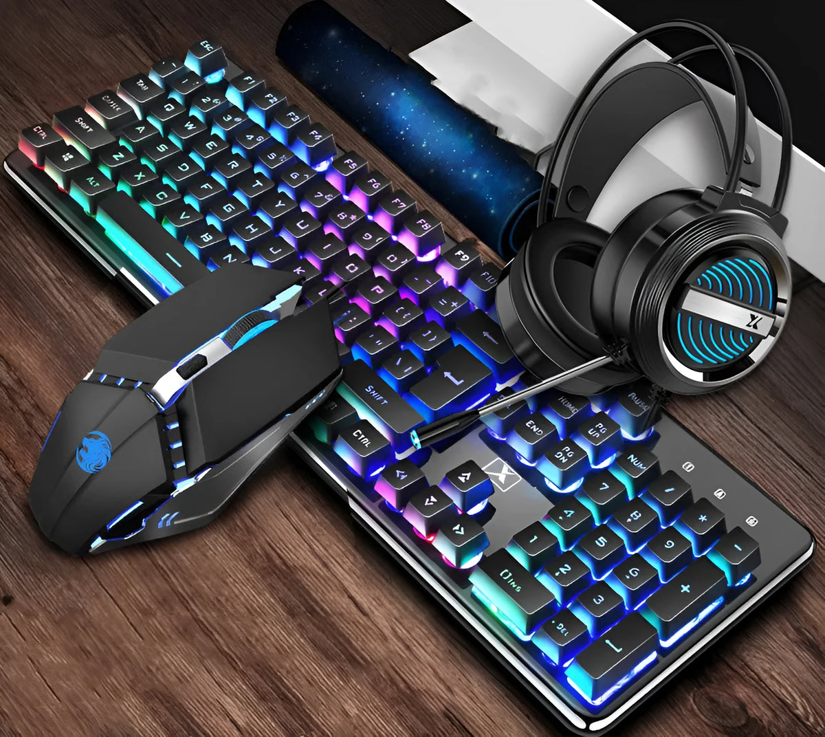 Black steampunk three-piece gaming set with keyboard, mouse and headset