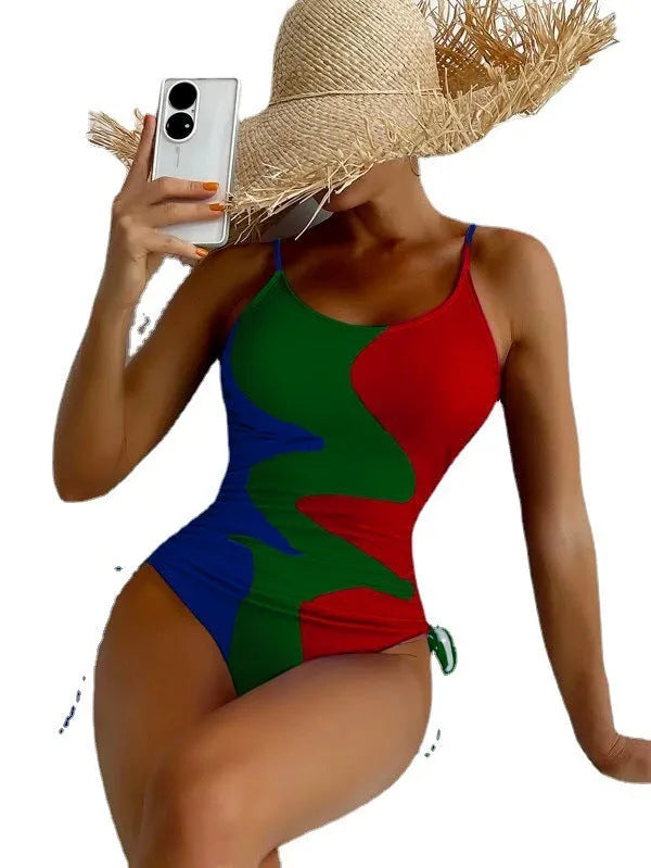 Women's blue one-piece sleeveless swimsuit with a backless design for swimming sports.