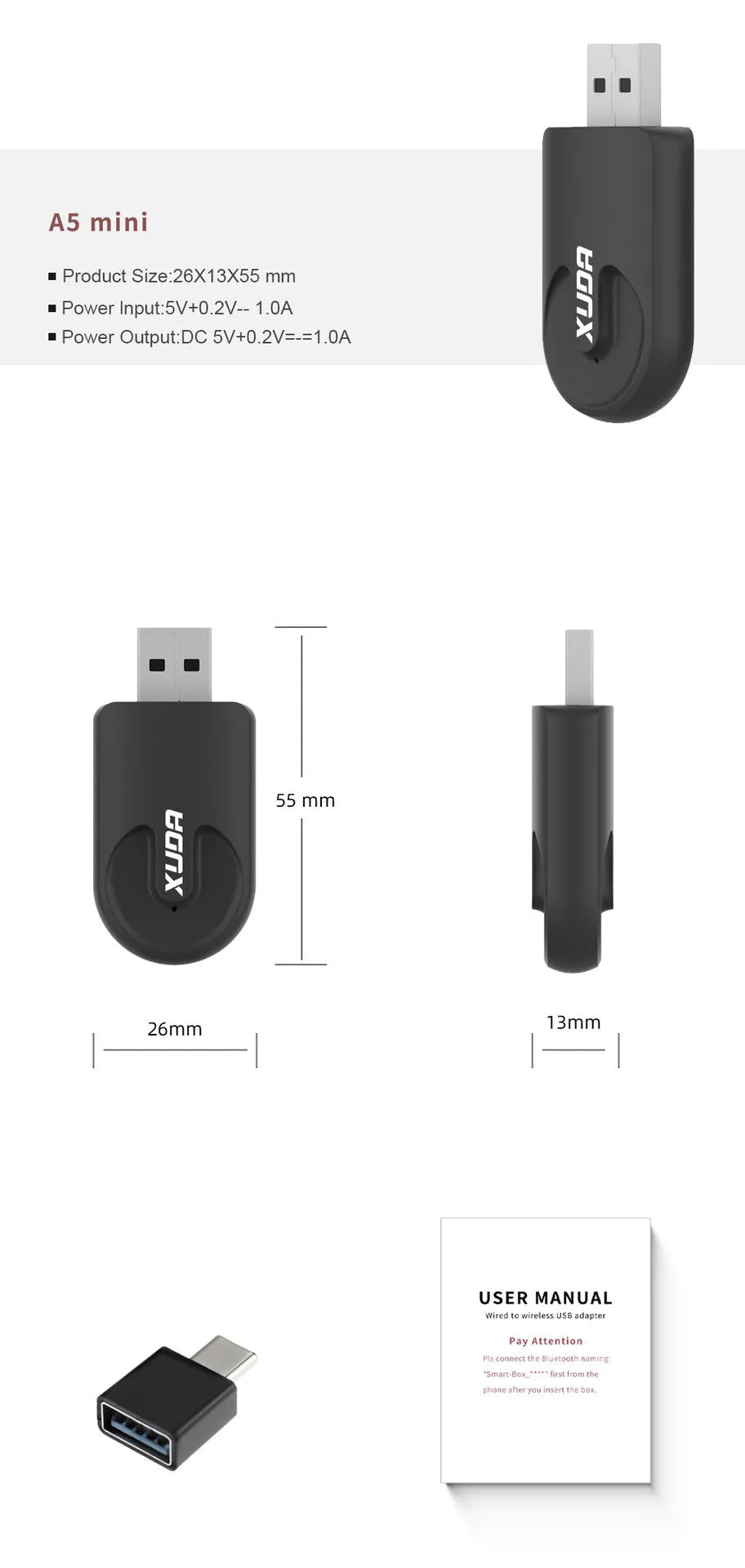Black CarPlay USB interface adapter measuring 26×55×13mm with compact ABS PC housing