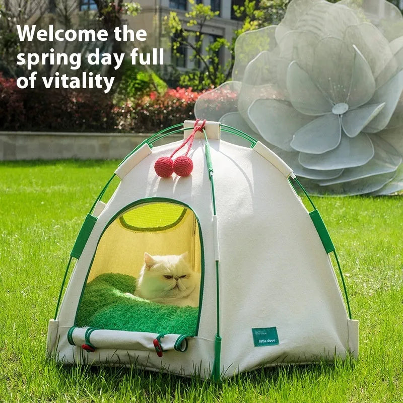Dome-shaped cloth cat tent with optional thick pad for indoor pet sleeping