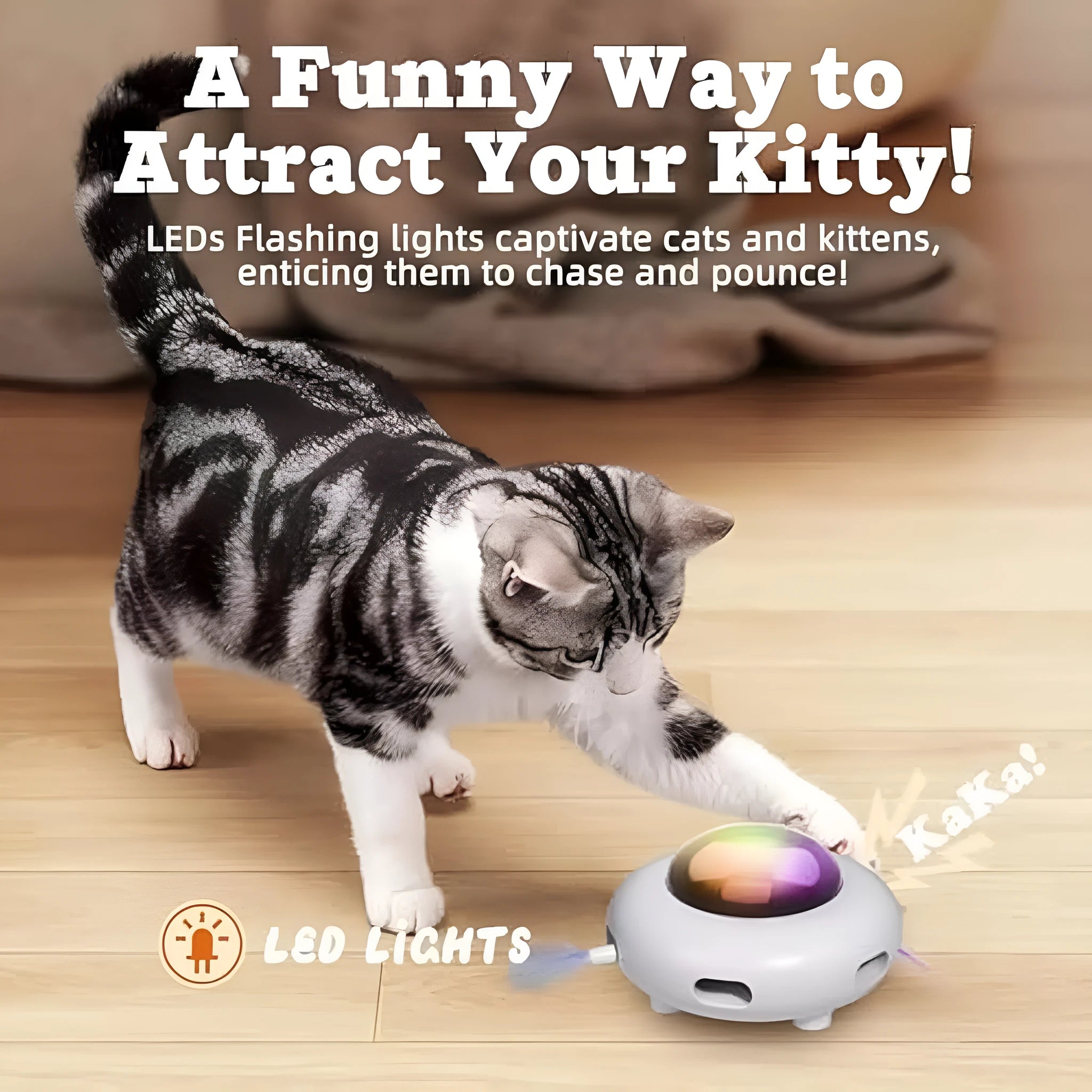 White automatic interactive cat toy with feathers and cleaning ring for indoor cats