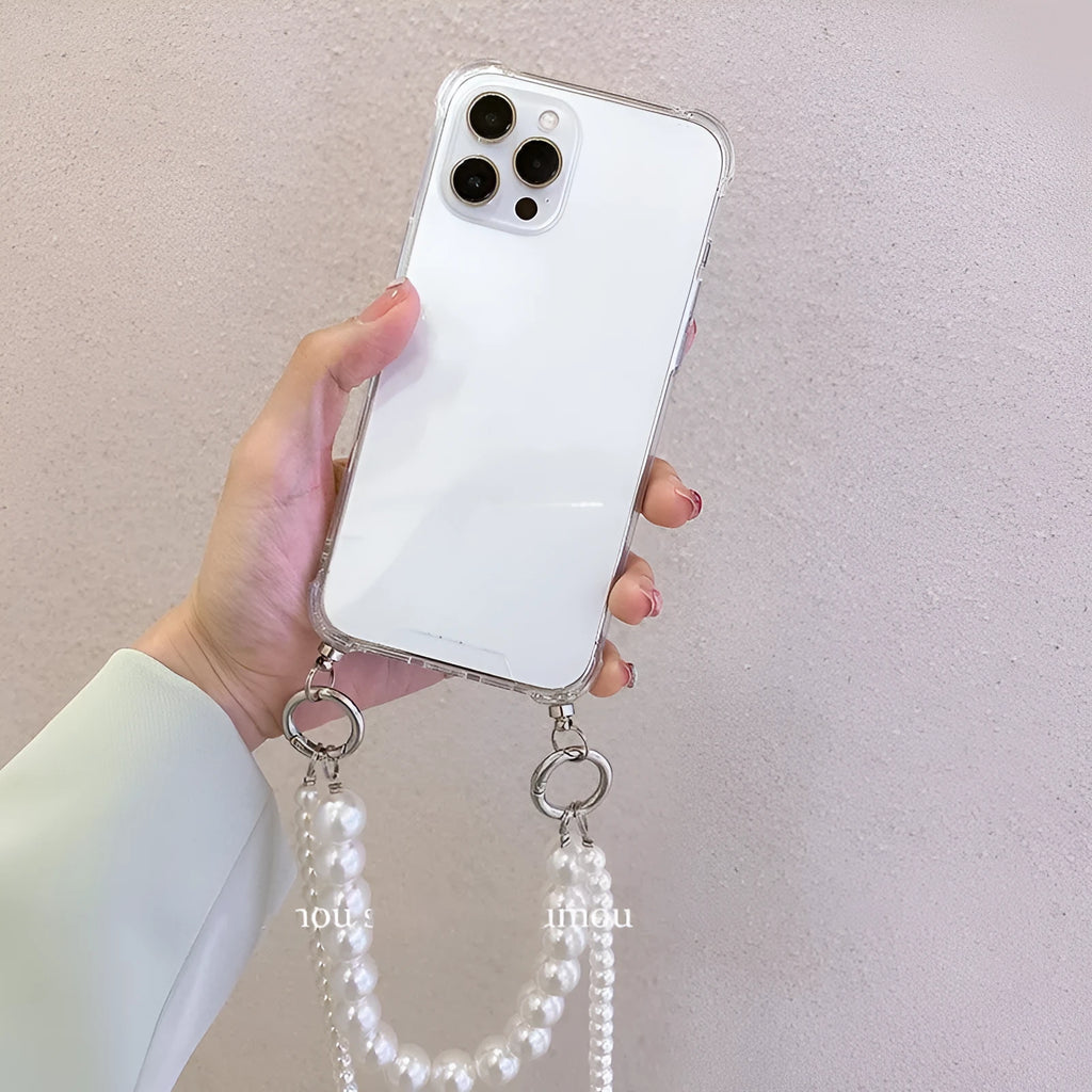 Soft silicone iPhone case with large pearl decoration and attached chain in Japanese Korean style