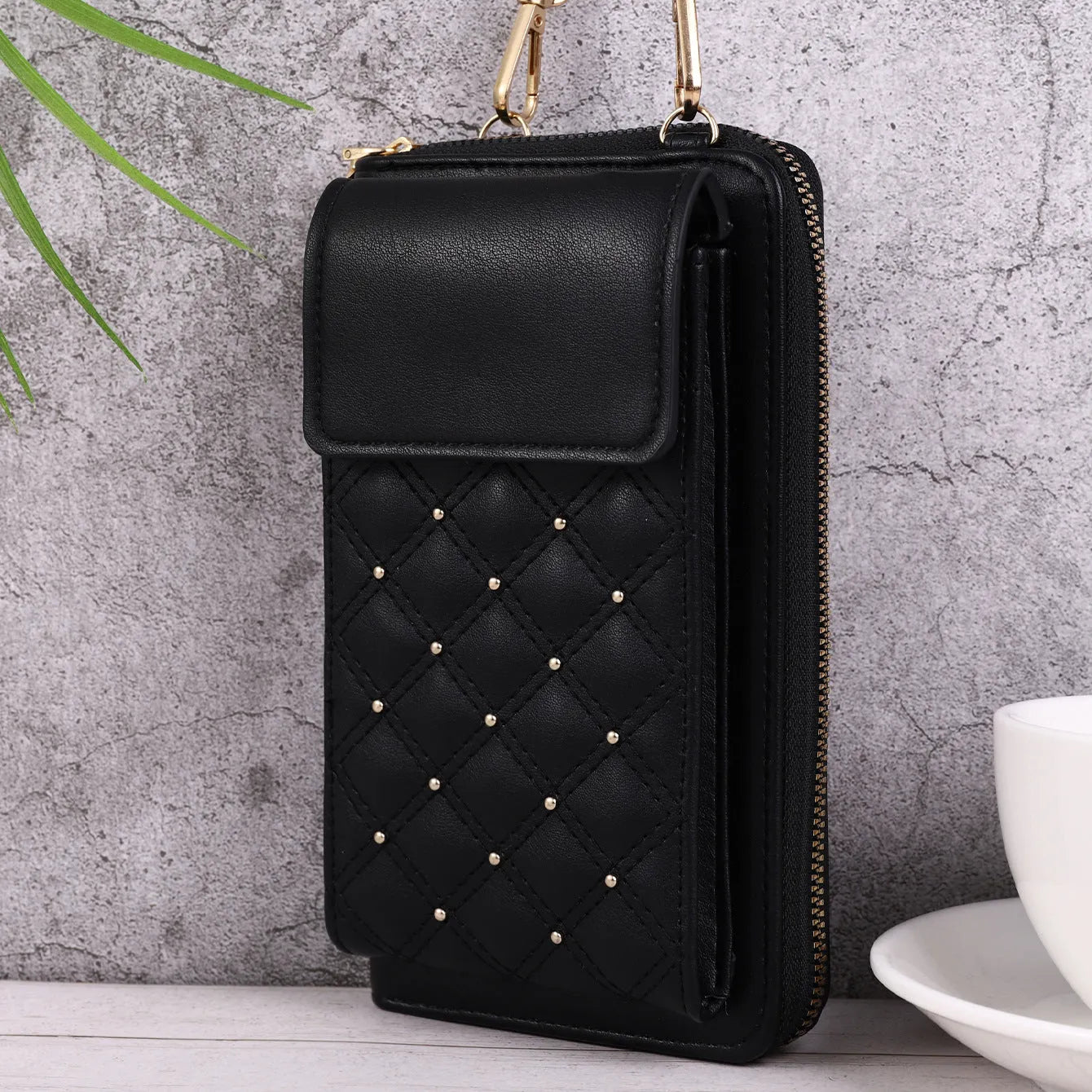 Fashion all-match mobile phone bag classic rhombus light luxury clamshell PU square vertical black khaki