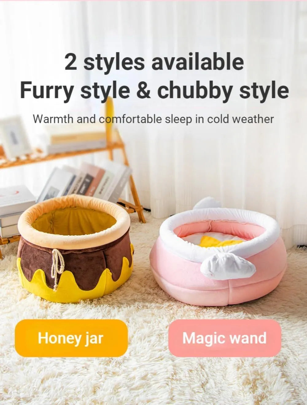 A pink magic honey pot shaped cat sofa bed with a soft interior for a small pet.